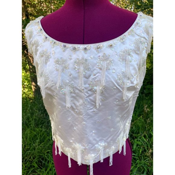 Vintage 1960s Satin Silk glass dangle Bead  Formal Top Tank Hong Kong - Picture 15 of 16